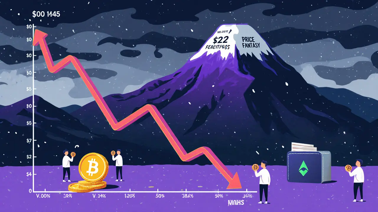 Plummeting ARV price graph with tiny figures, distant  fantasy mountain, and safe MetaMask wallet below.