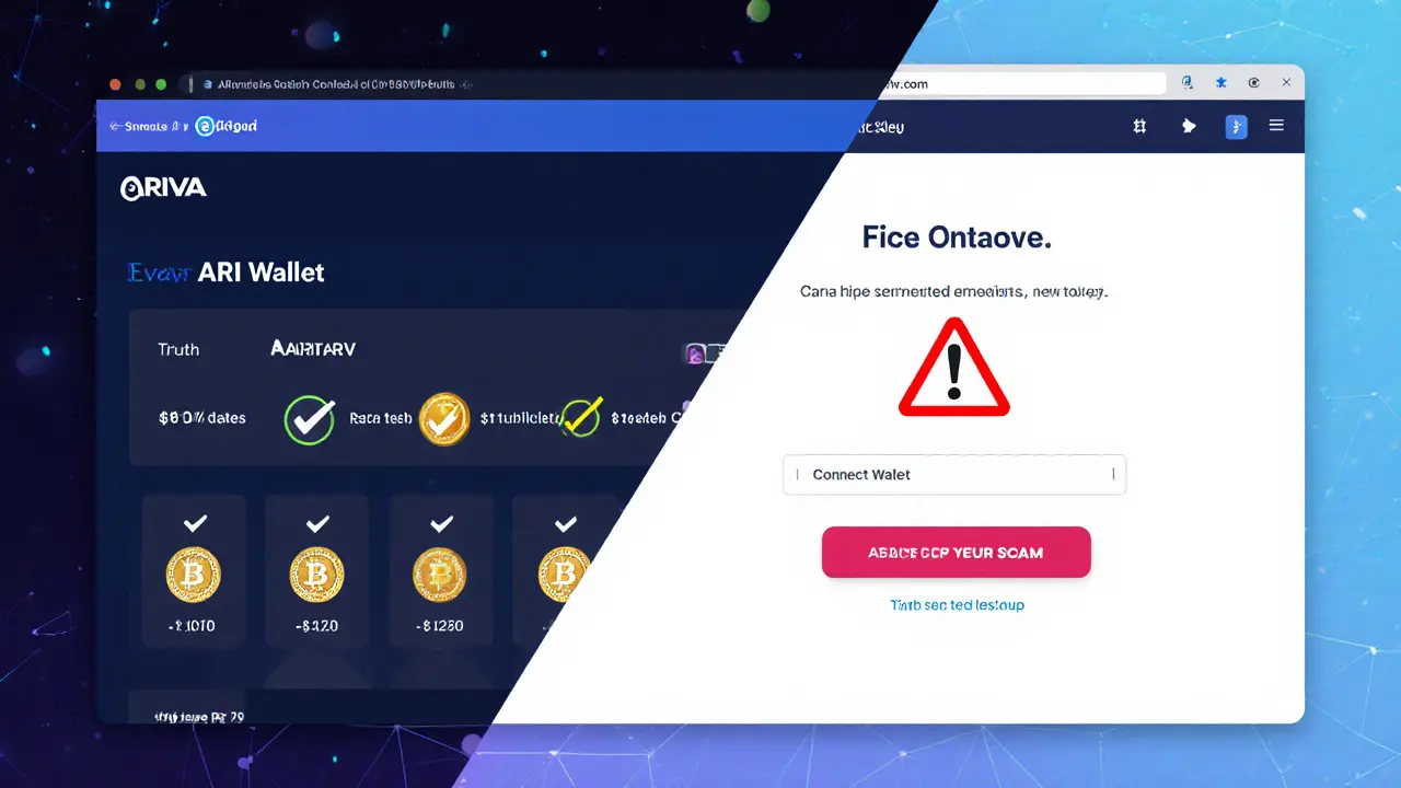 Split-screen: real ARI Wallet app on left, fake Ariva phishing site on right, separated by a warning line.