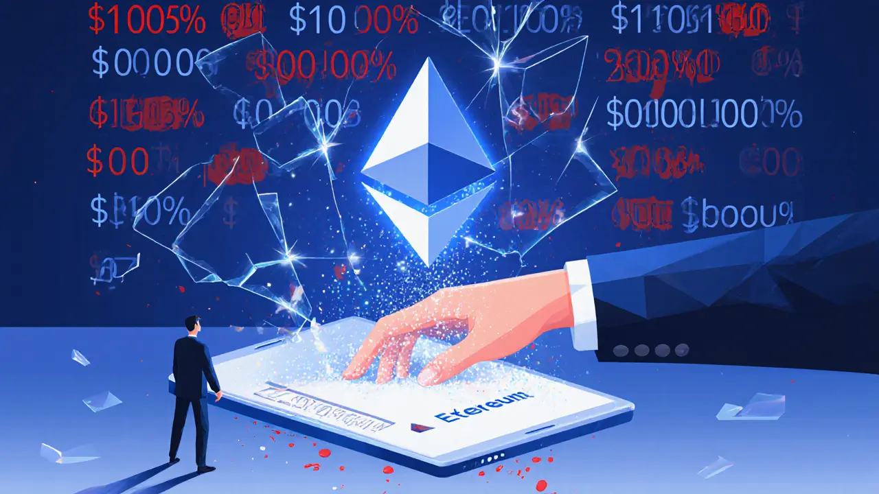 A hand reaching for a blockchain contract as the token dissolves into dust amid conflicting prices.