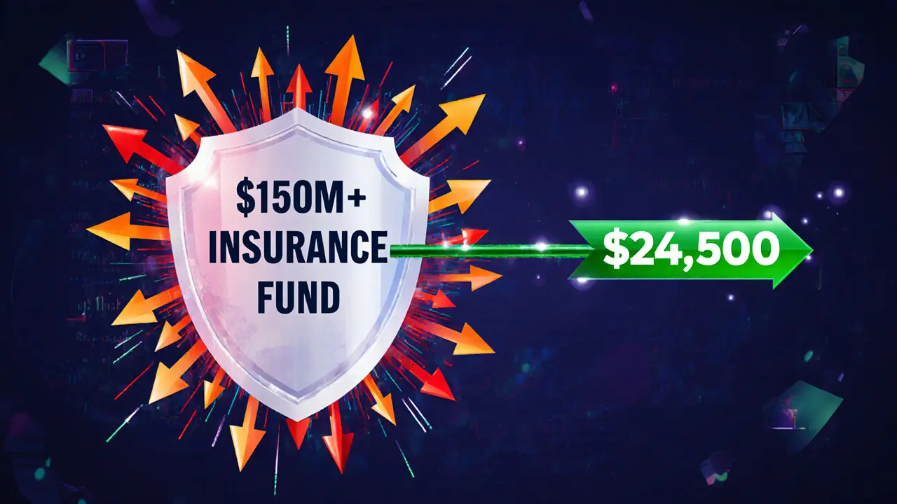 A protective insurance fund shield blocking market crash waves while a precise trade executes at a fixed price during volatility.