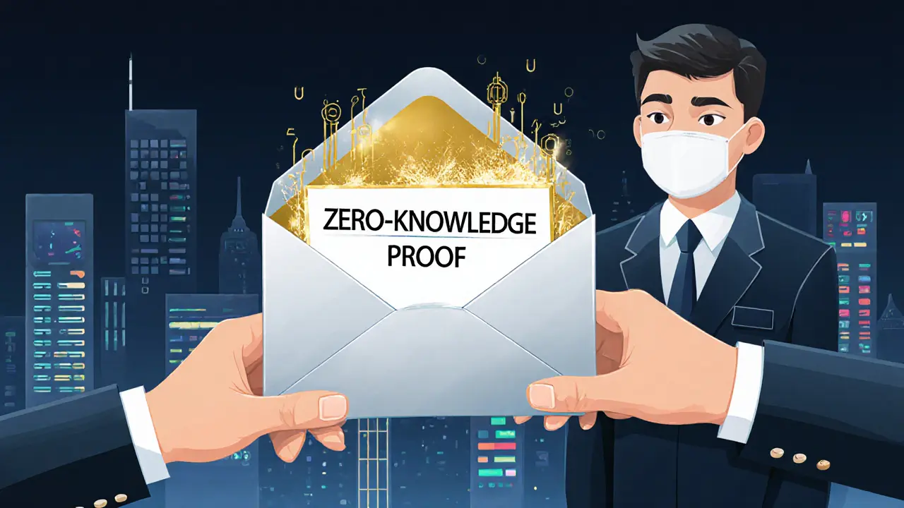 A sealed envelope with hidden transaction data being passed to a government inspector in a digital cityscape.