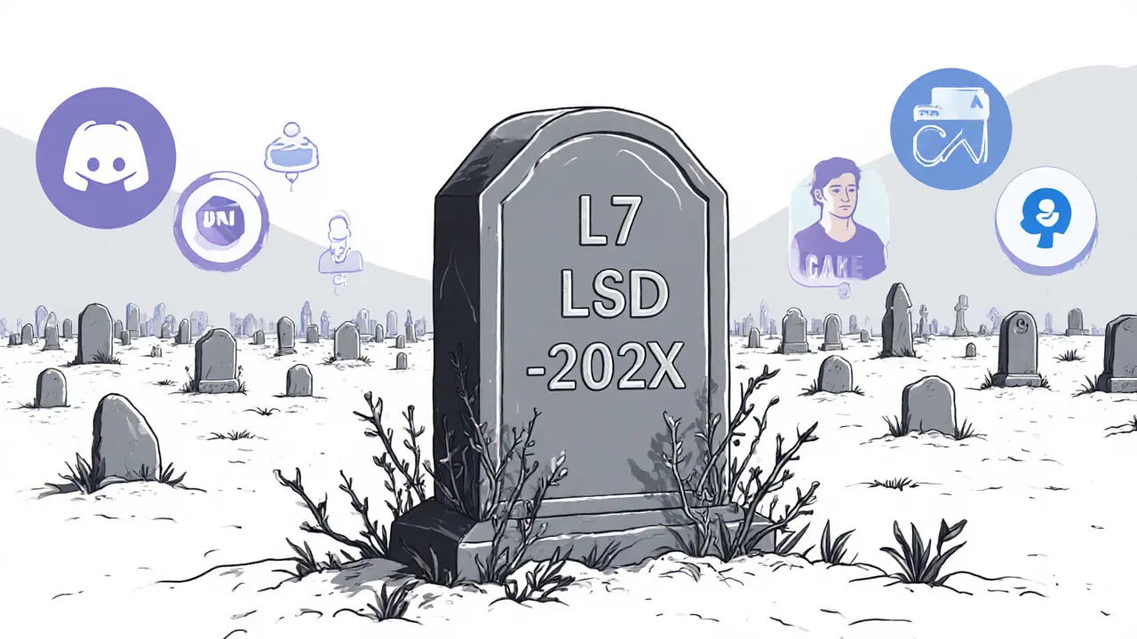 A tombstone for L7 in a digital cemetery, surrounded by silent social icons while other coins thrive nearby.