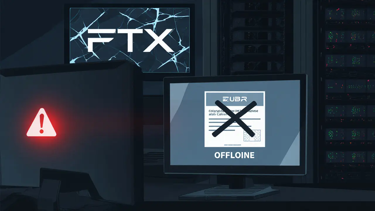 Abandoned server room with offline sign and crossed-out Gibraltar license in vector art.