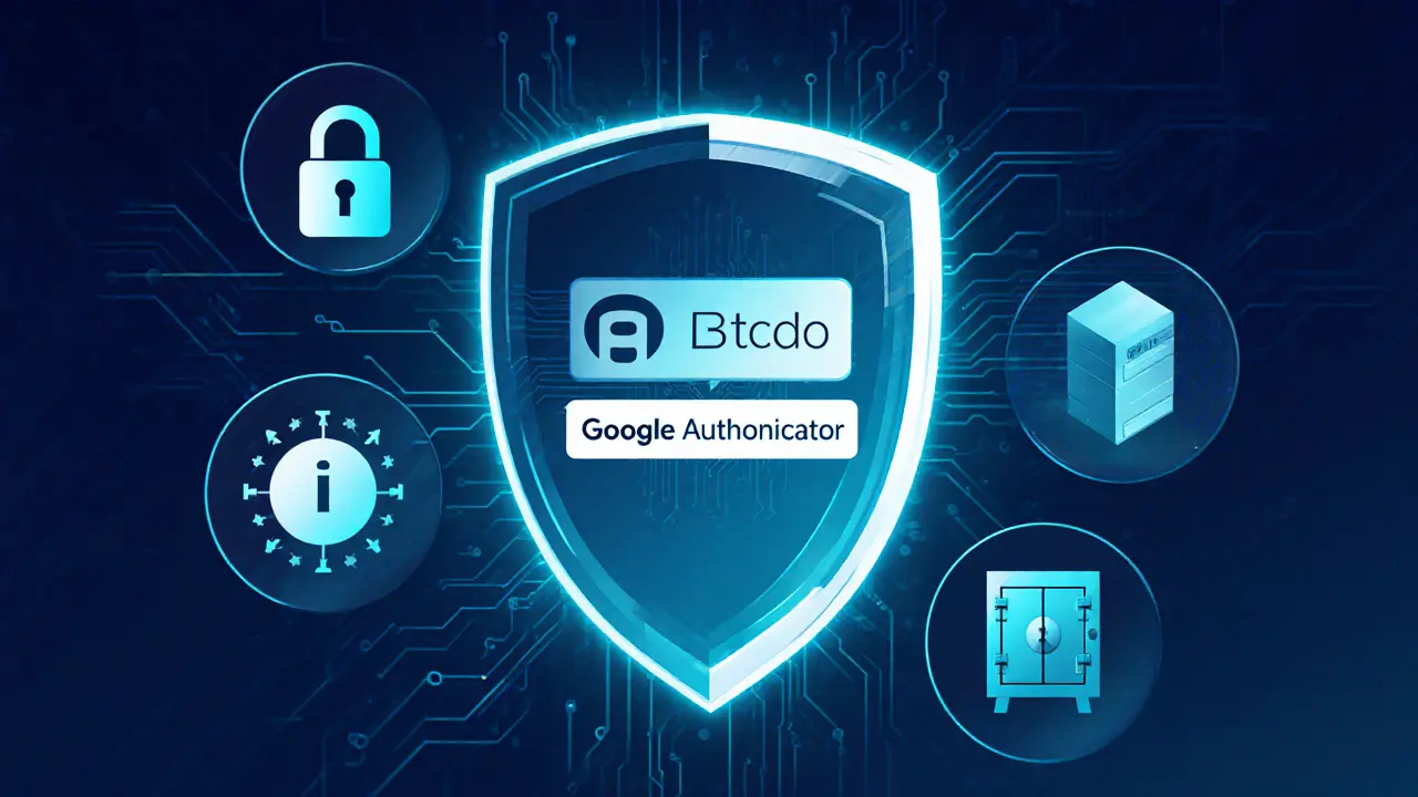 Abstract security scene with shield, 2FA code, and cold storage vault.