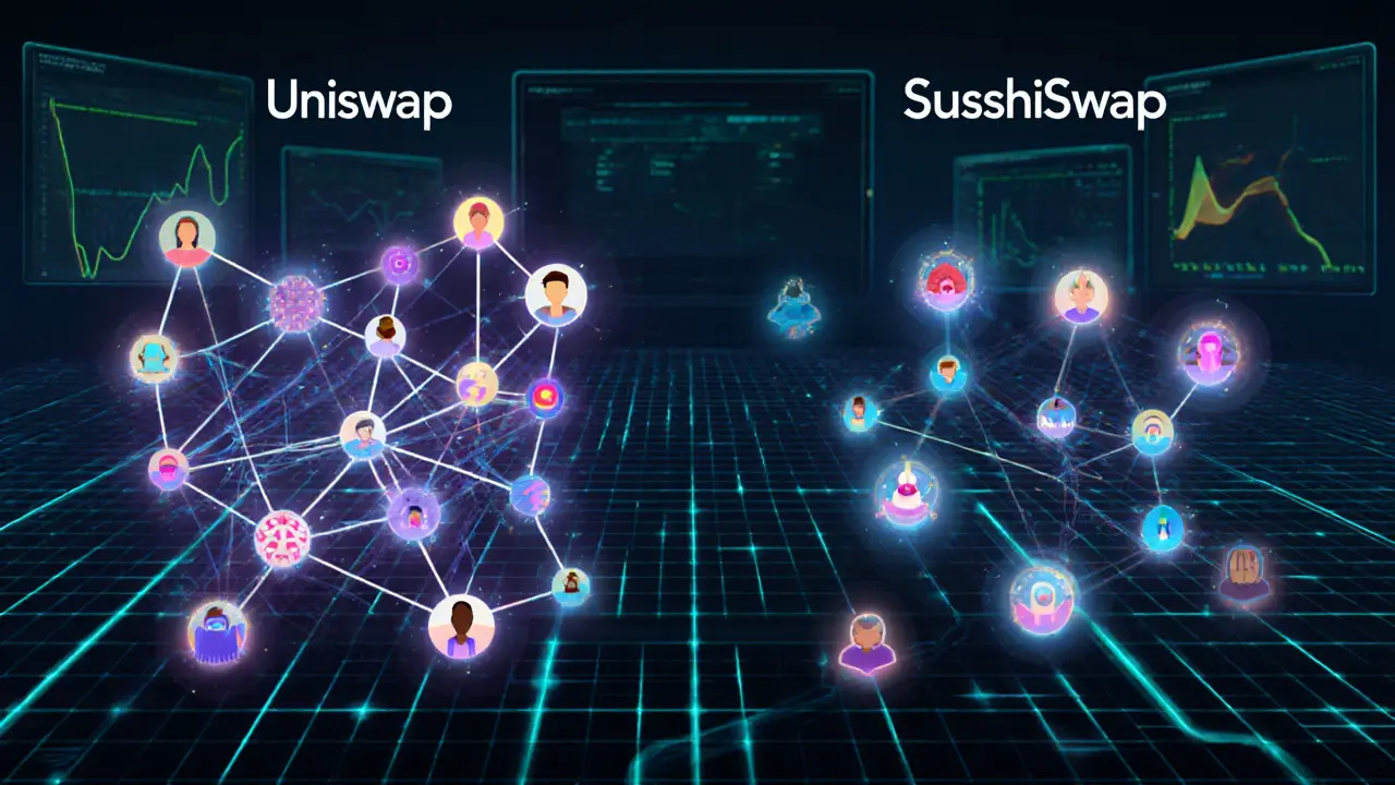 Blockchain network with dense user connections for Uniswap versus sparse, robotic links for a clone project.