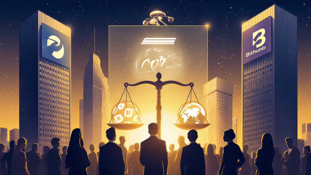 City skyline with exchange logos, a scale of fines, traders looking toward alternative platforms and a courtroom silhouette.