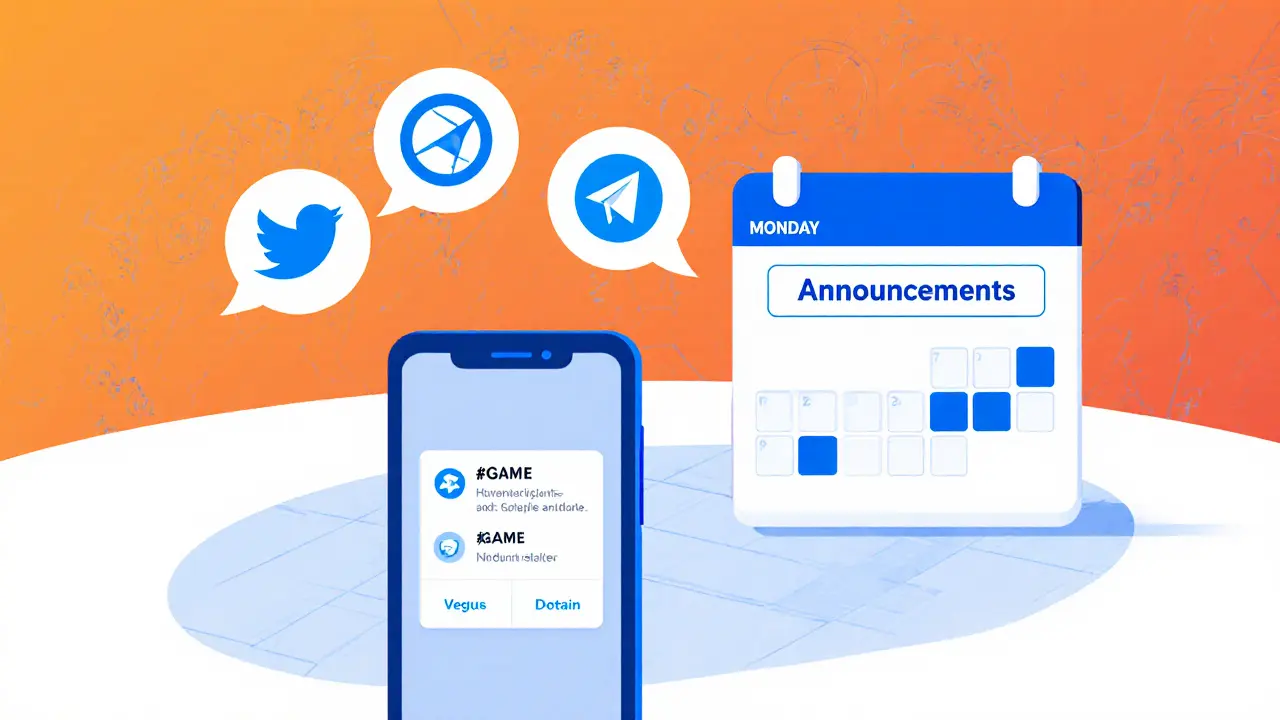Community scene with mobile notifications, social media icons, and calendar announcements.