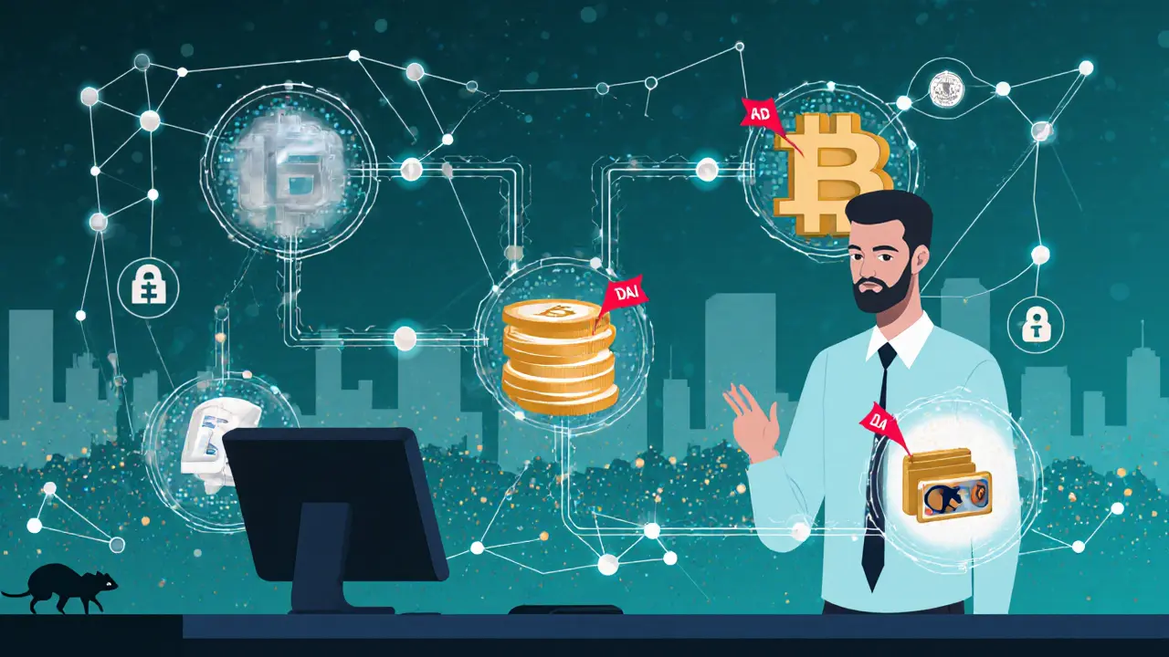 Compliance analyst observing a holographic blockchain flow from fiat to DAI.