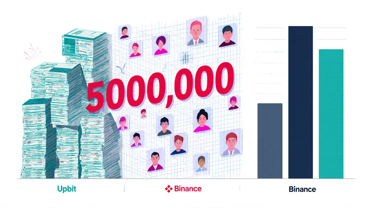 Data wall showing 500,000 KYC breaches, ID copies, and Upbit vs Binance comparison bars.