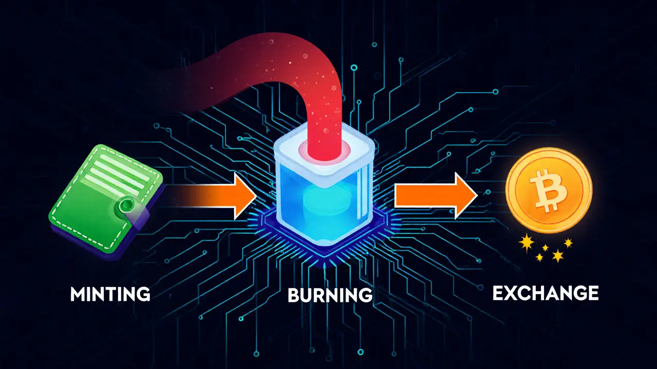 Diagram of minting, burning, and swapping actions for an index pool using wallet and exchange icons.