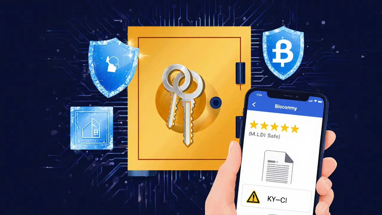 Digital vault with multi‑signature keys, security shields, and a phone showing 4.7‑star rating.