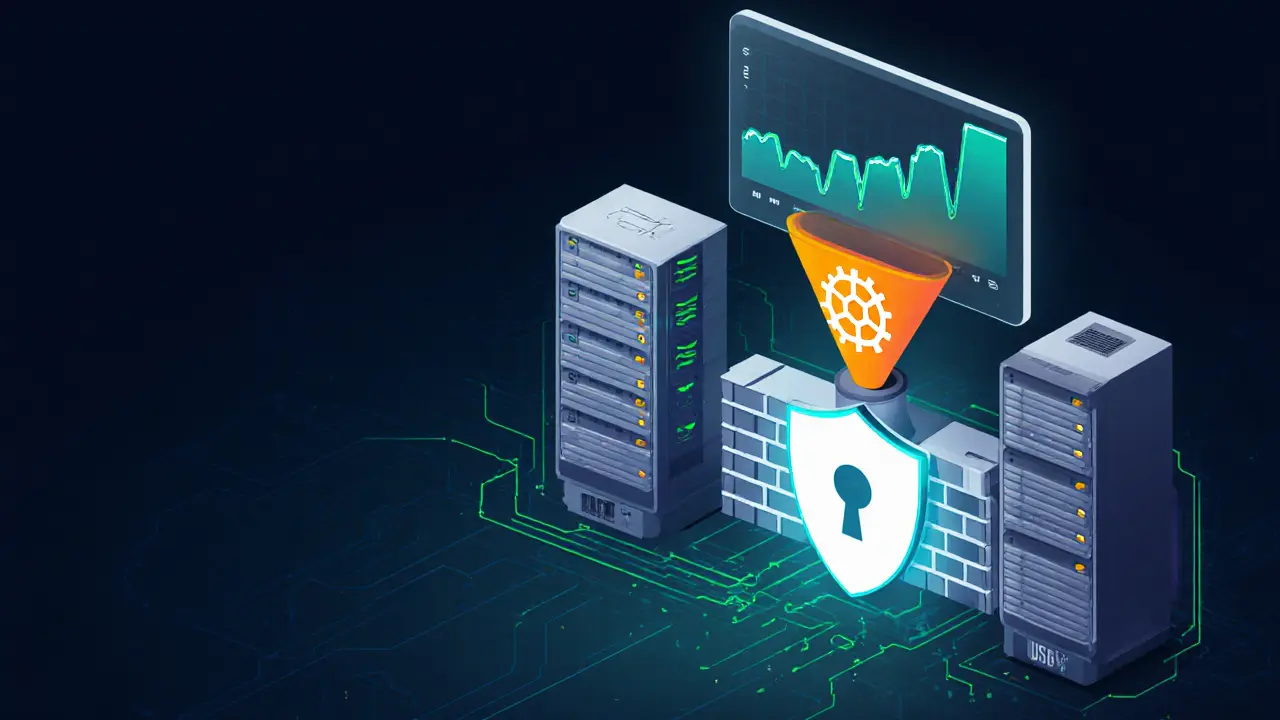 Digital vector scene showing secure server setup with firewalls, UPS, and monitoring dashboard.