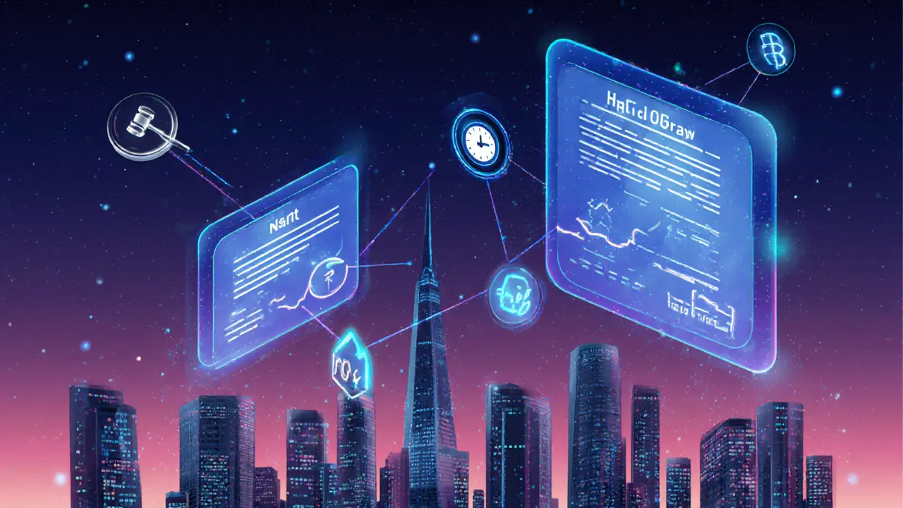 Futuristic cityscape with holographic crypto option contracts and DeFi elements.