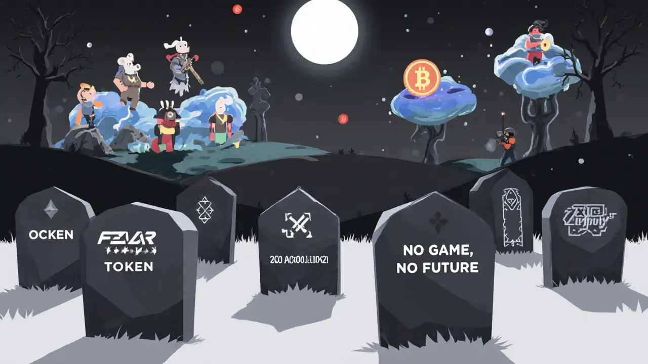 Graveyard of failed crypto projects including FEAR Token under moonlight, with thriving projects in distance