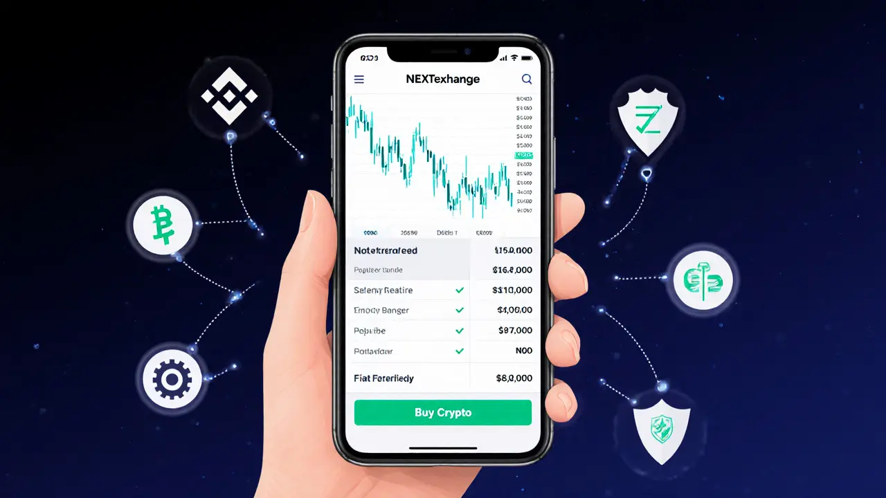Hand holding phone displaying NEXT.exchange app in dark mode with price chart and comparison icons.