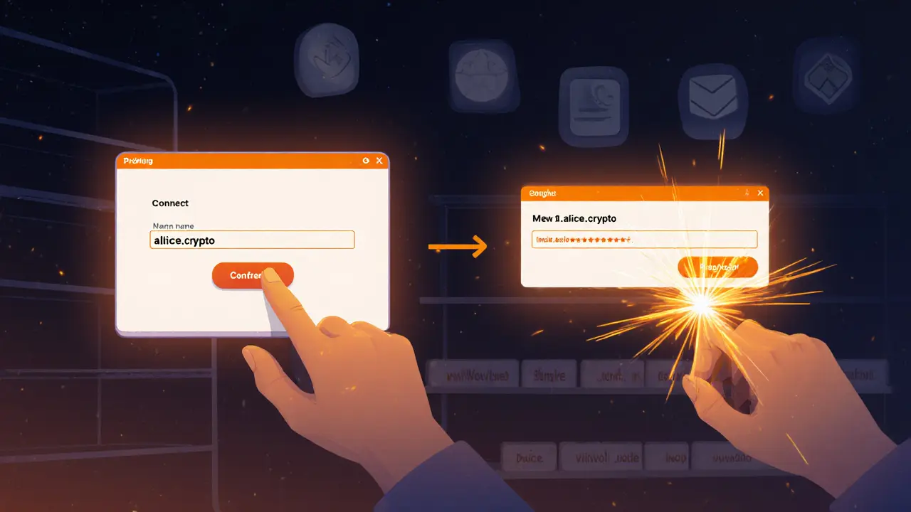 Hand with crypto wallet registering a domain on a modern UI flow.