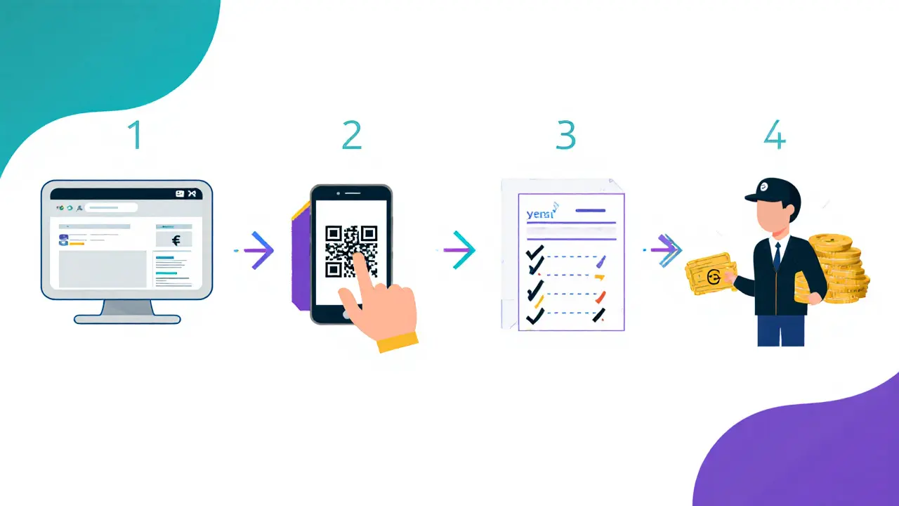 Icon sequence showing crypto purchase, wallet QR scan, blockchain confirmation, and cash exchange.