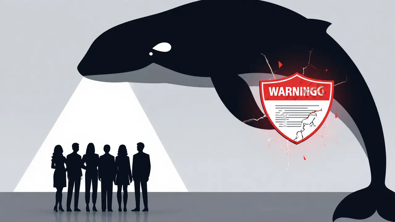 Illustration of a whale holding NDX token, small community figures, and a cracked shield indicating risks.