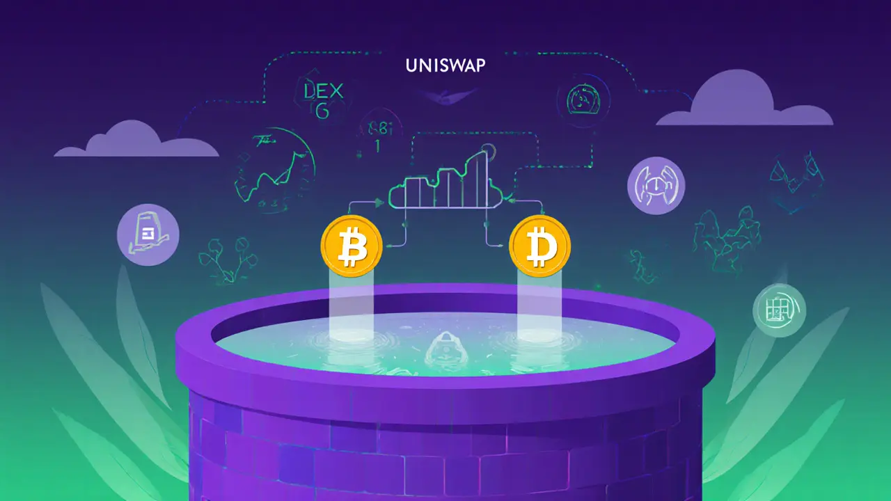 Illustration of adding USDC/DAI liquidity on Uniswap V3 with price range and DEX vs CEX icons.