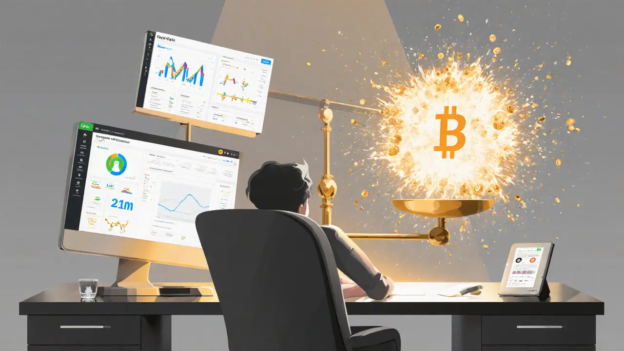 Investor analyzing crypto tools with holographic dashboards and a scale balancing Bitcoin’s capped supply against an exploding token.