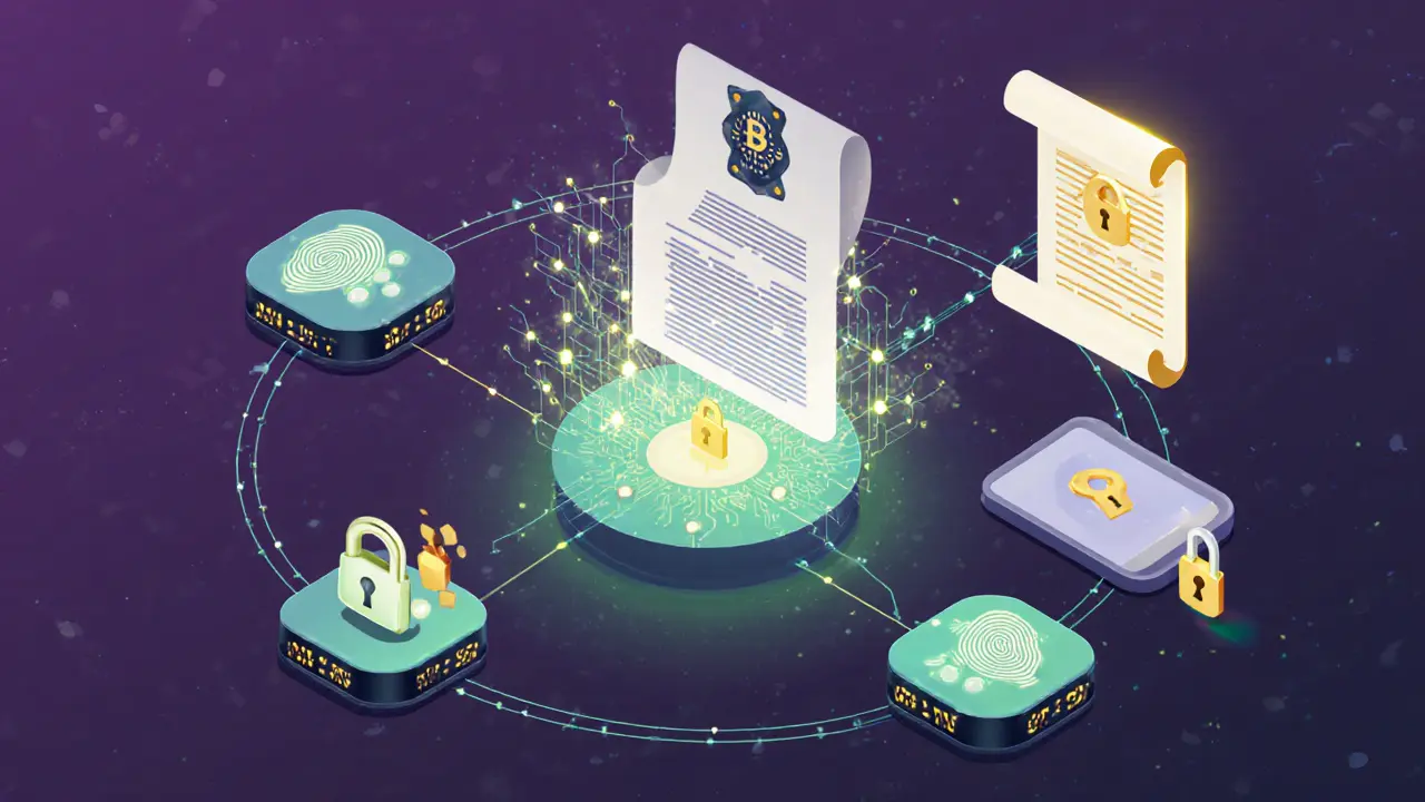 Medical record shards flowing to encrypted nodes and a smart contract gatekeeper.