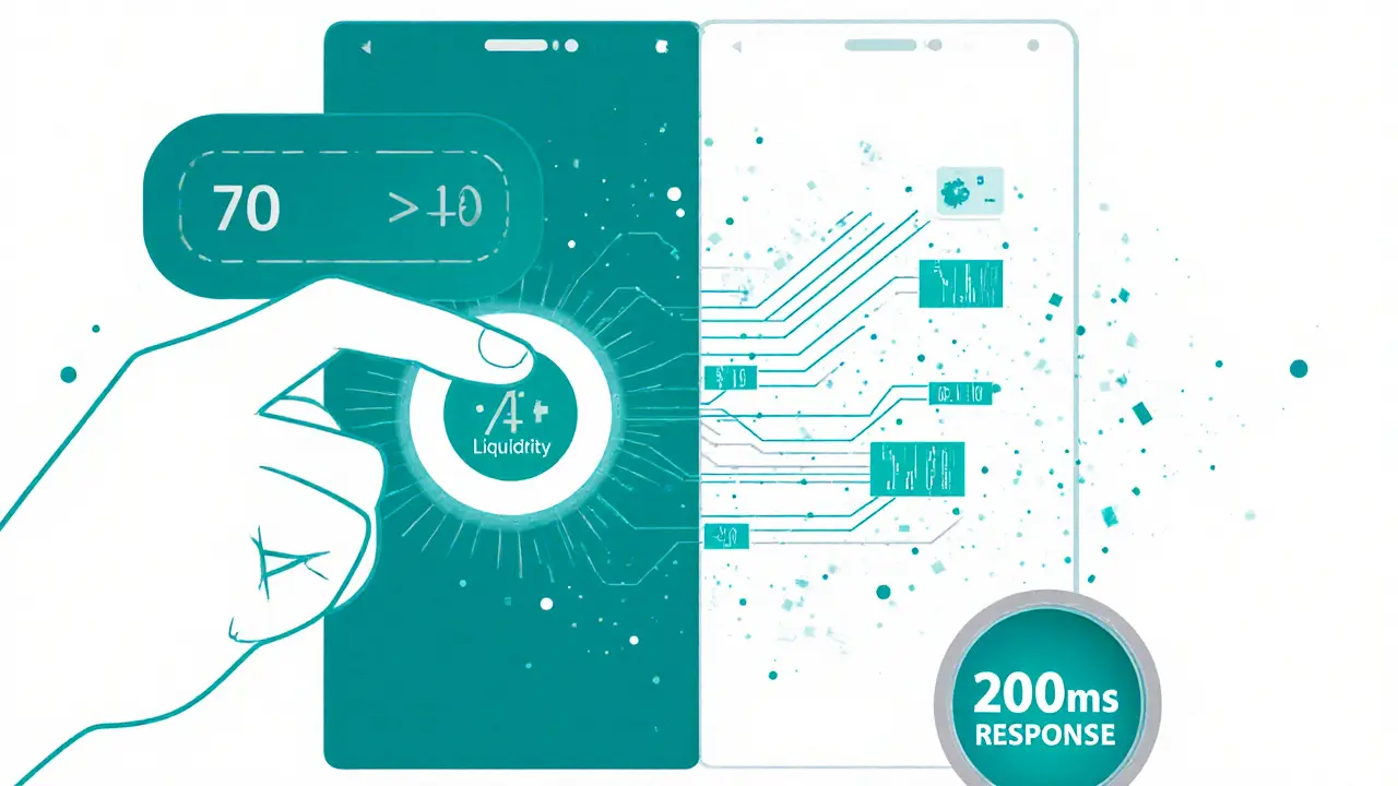 Mobile trading app with one-click execution and real-time AI liquidity scanning visualized as connected data streams in a clean interface.