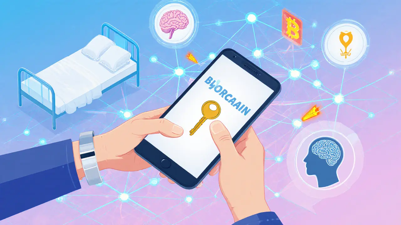 Patient managing health keys while IoT devices send data to a blockchain AI network.