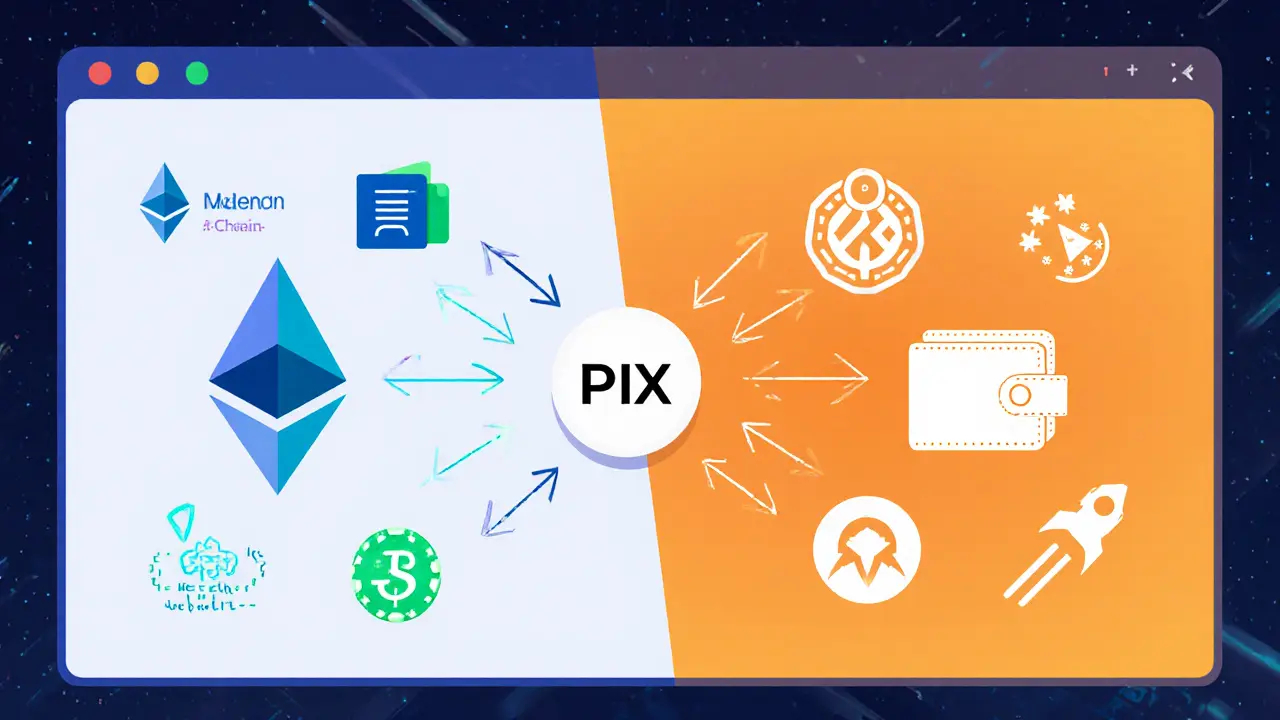 Split-screen vector showing Pixie-Chain (EVM) and Solana blockchains linked by PIX token.