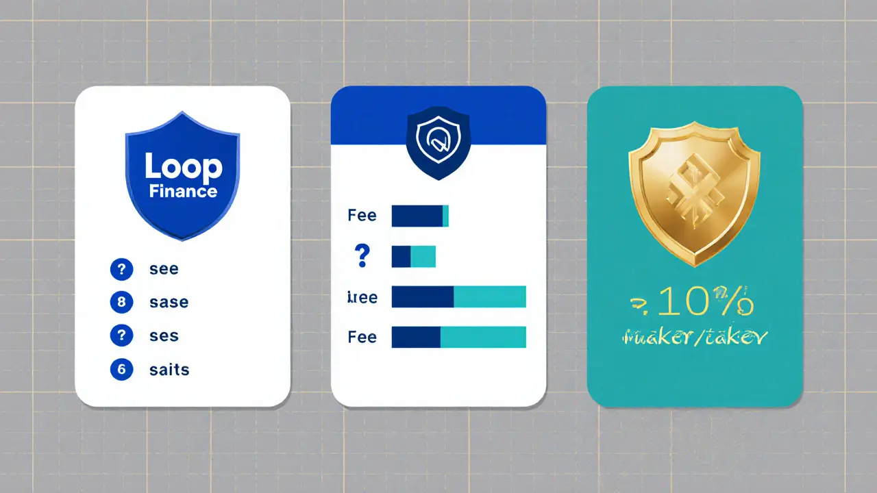 Three‑panel vector comparison of Loop Finance, Coinbase, and Binance with fees and security icons.
