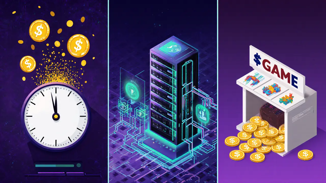 Three panels showing staking gauge, validator node, and NFT marketplace with token rewards.