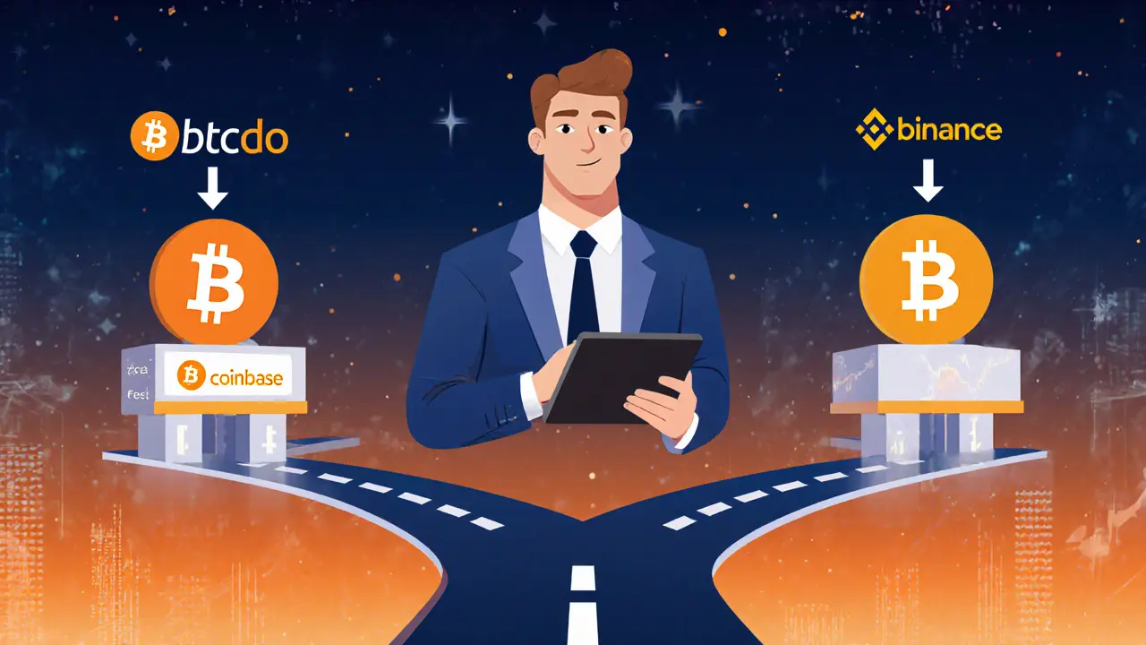 Trader at a crossroads choosing between crypto exchange icons.