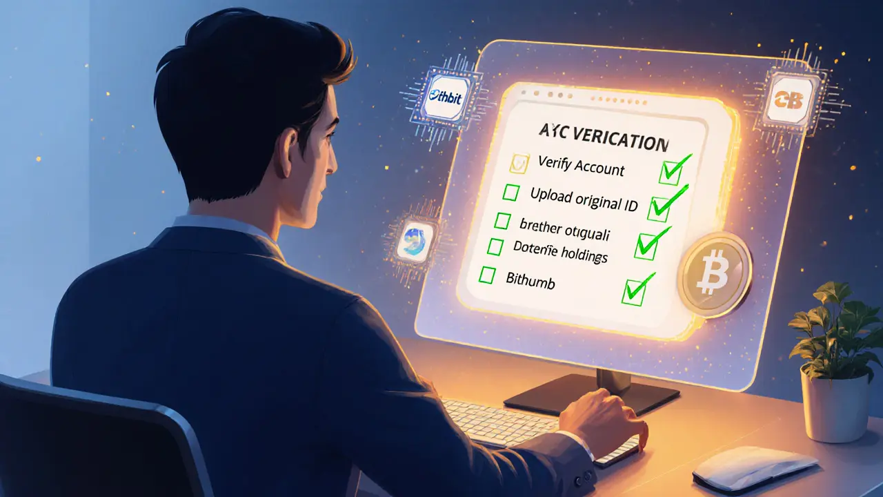 Trader reviewing Upbit account, uploading ID, and considering other exchanges.