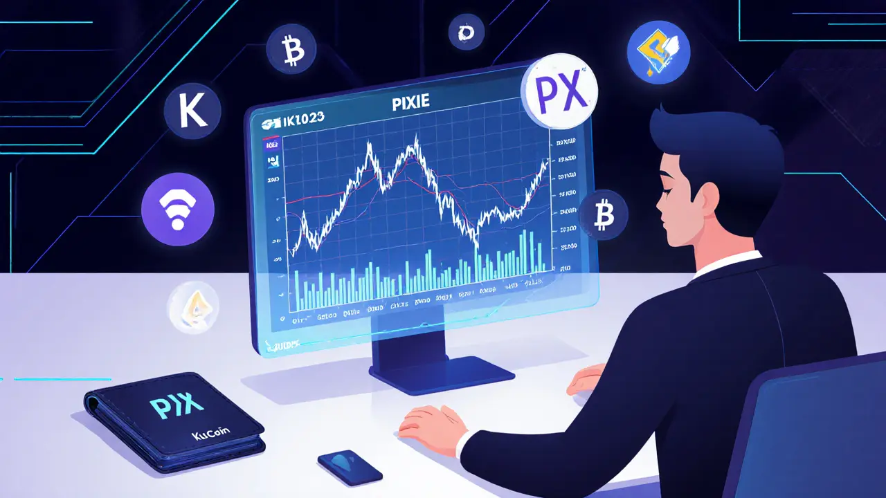 Trader reviewing volatile PIX price chart beside a hardware wallet.