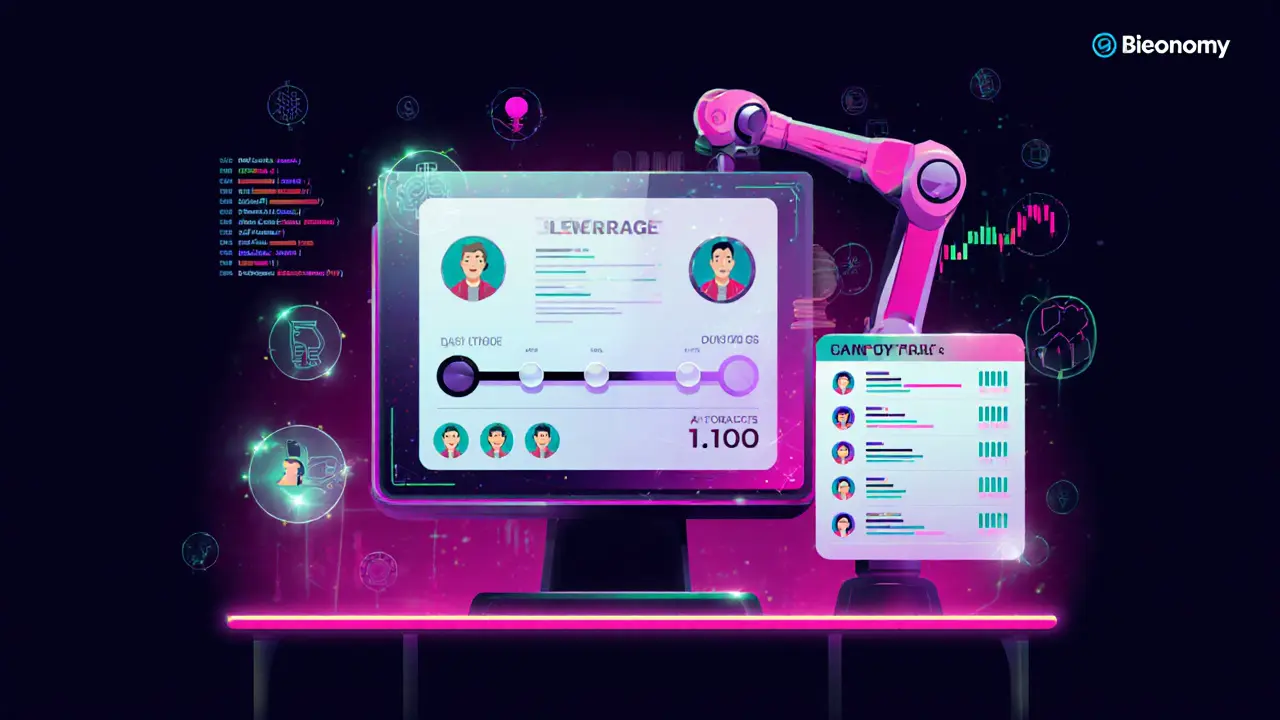 Trading console with a 1:100 leverage slider, copy‑trading list, and API code symbols.