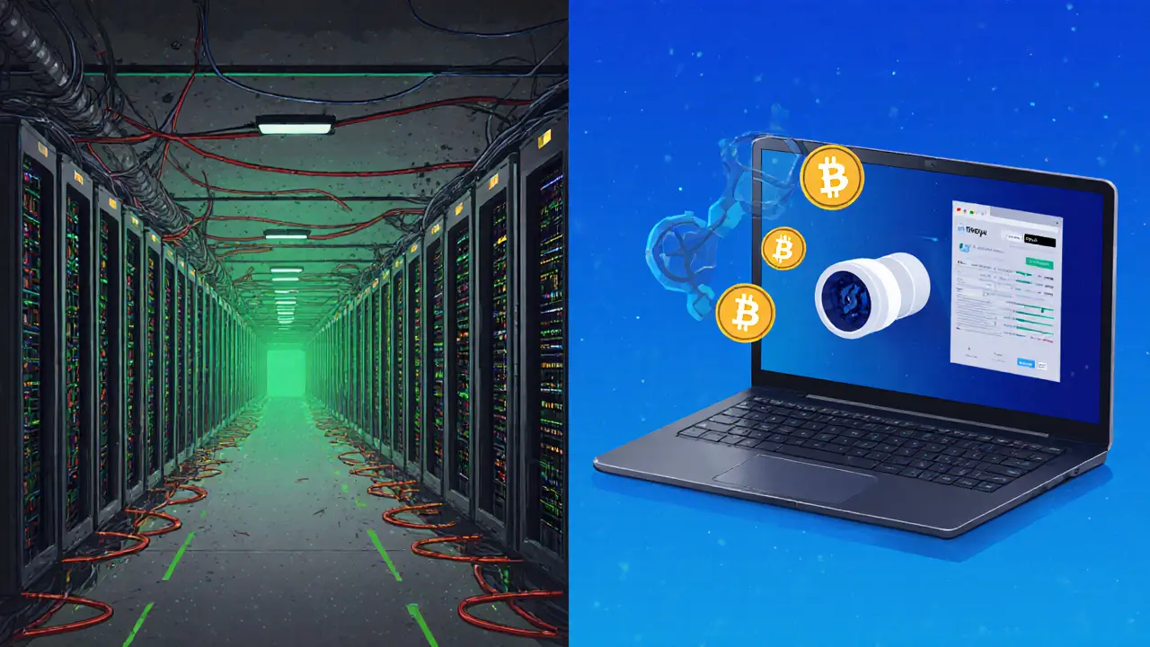 Underground mining farm beside a laptop showing VPN and crypto bridge icons.
