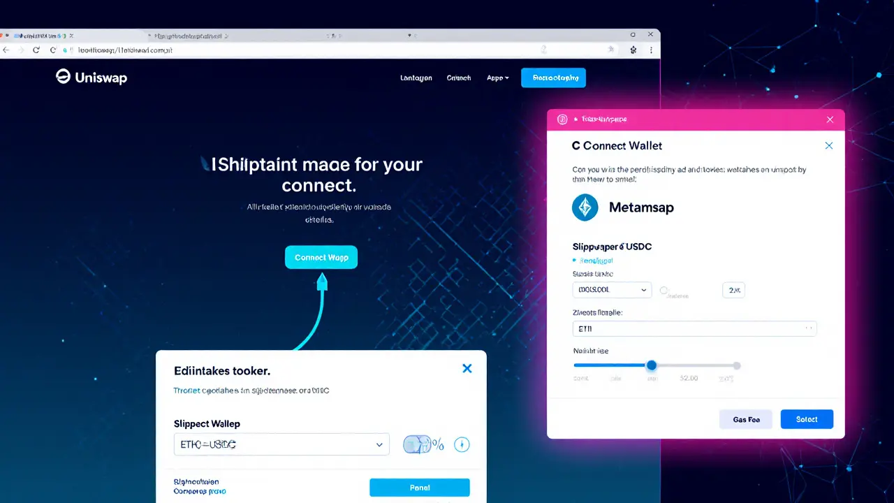 User connects wallet to Uniswap, selects ETH to USDC swap, and adjusts slippage.
