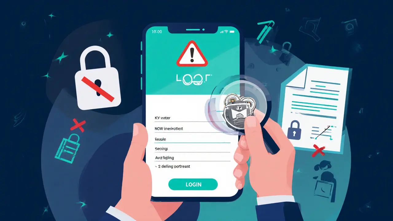 User examining Loop Finance mobile site with KYC fields, magnifying glass and warning symbols.