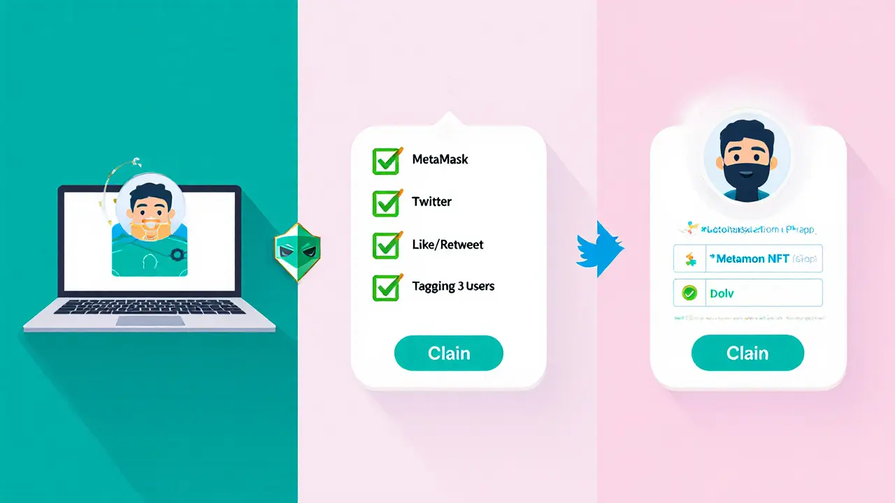 Vector diagram showing wallet connection, social media checklist, and Metamon NFT verification for the claim process.