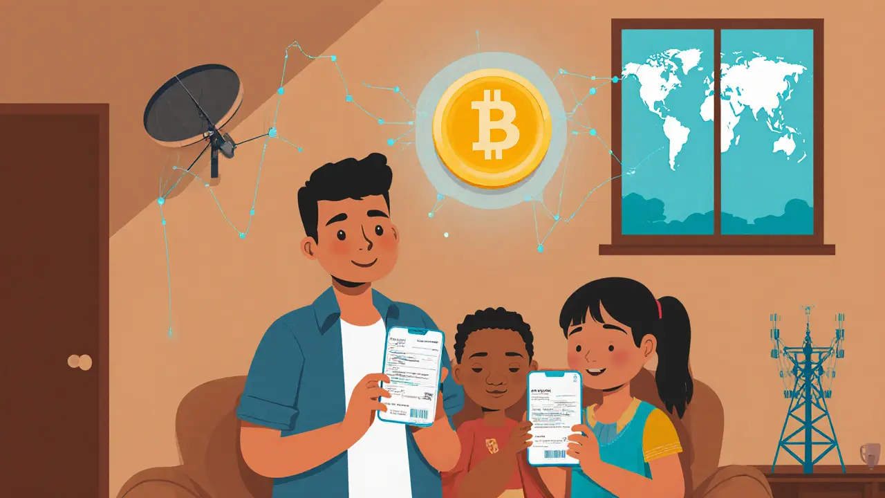 Vector illustration of a Cuban family using a phone to receive Bitcoin, with 5G tower and stablecoin symbol.