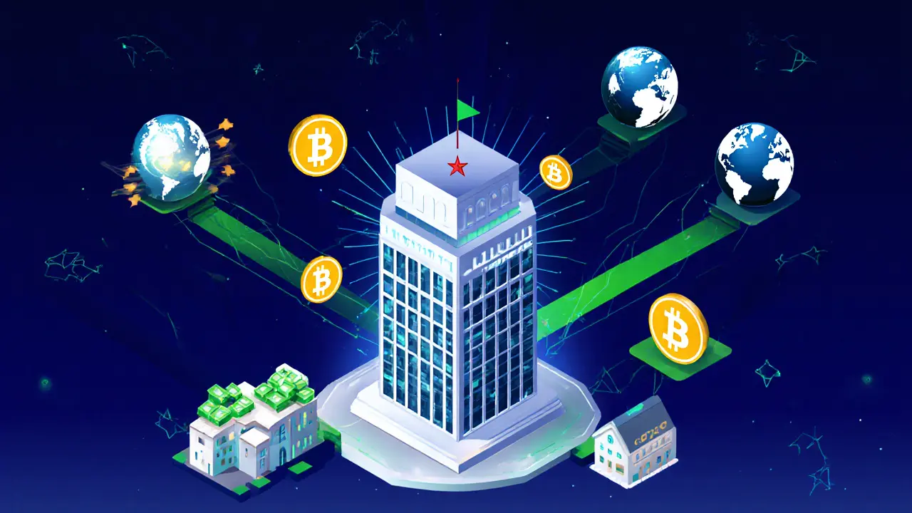Vector illustration of Morocco's central bank digital currency connecting to global partners.