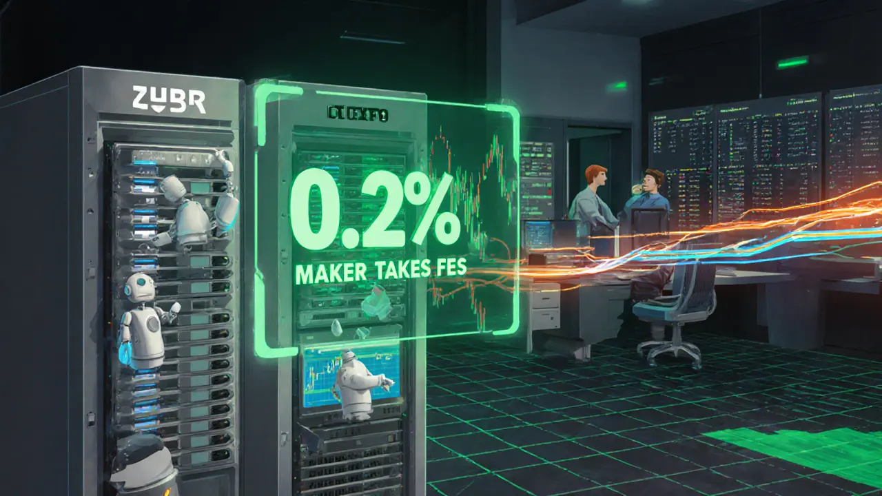 Vector illustration of ZUBR&#039;s ATaaS servers, low fees chart, and Exactpro stress test lab.