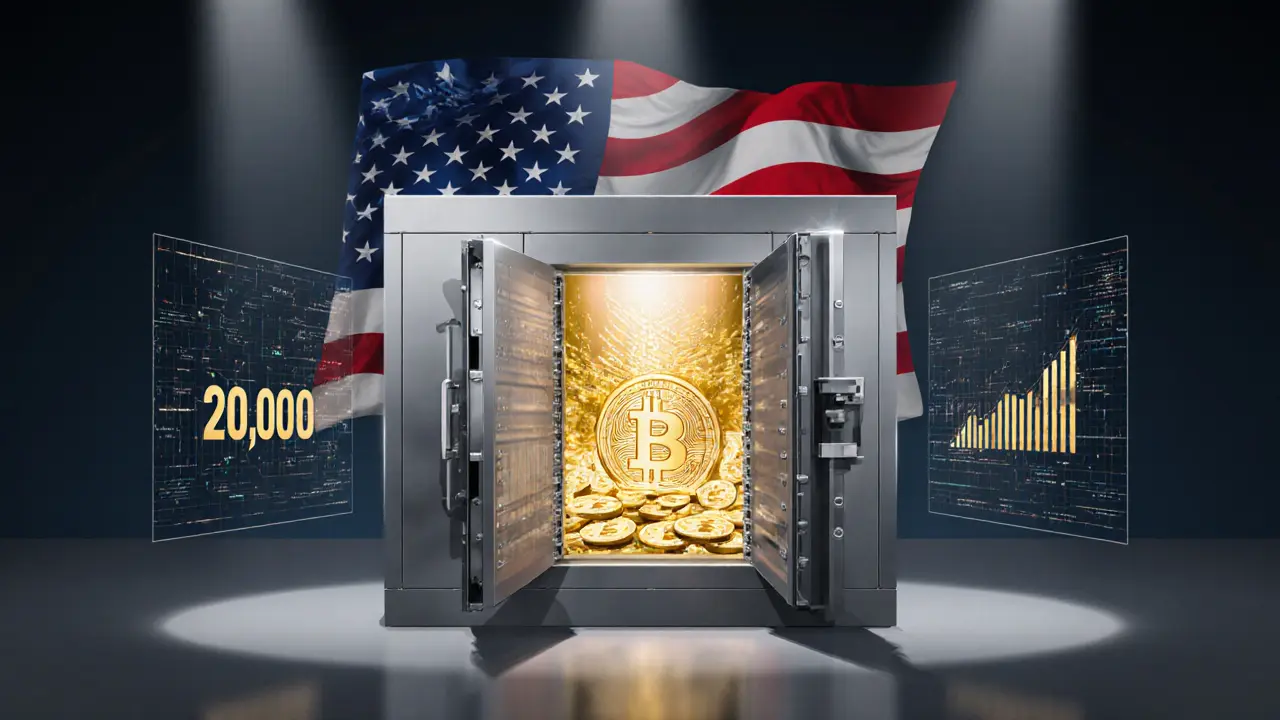 Vector image of a futuristic vault filled with glowing Bitcoin logos behind a U.S. flag backdrop.