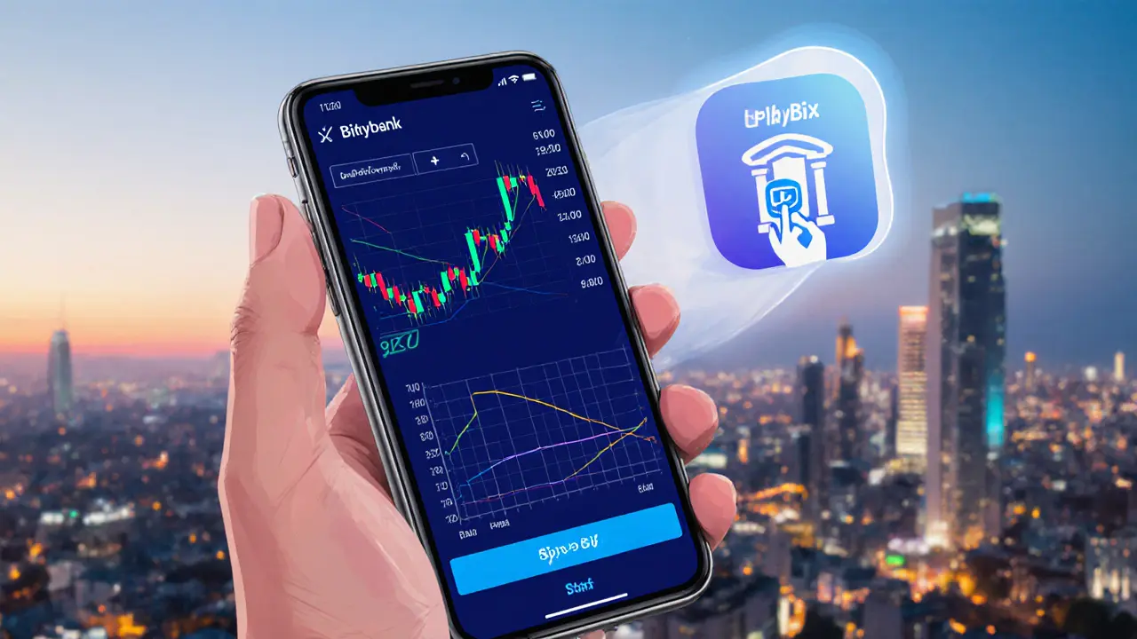 Vector image of a hand holding a phone showing Bitybank charts and a banking app link overlay.