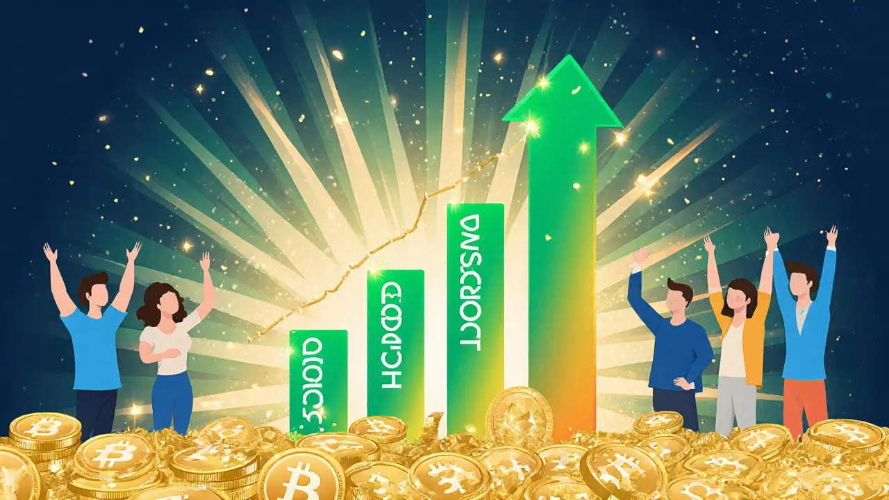 Vector image of an upward trending chart with glowing tokens and celebratory avatars.