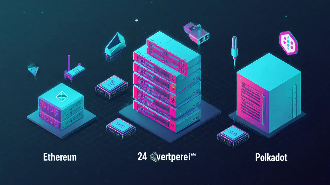 Vector layout comparing hardware components for multiple blockchain networks.