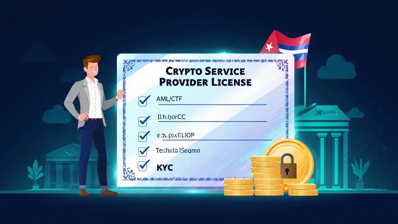 Vector scene of a Cuban business owner holding a crypto license certificate.
