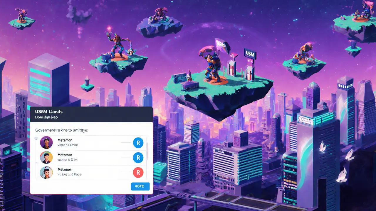 Vector scene of the Universal Metaverse with land parcels, staking stations, and Metamon characters using RACA.