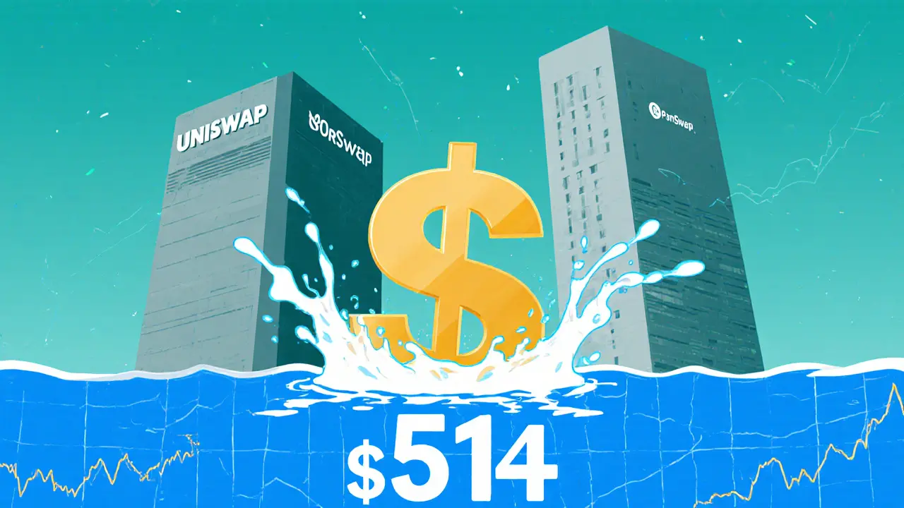 Vector scene showing a shallow liquidity pool overflowing a 0 trade, causing waves.