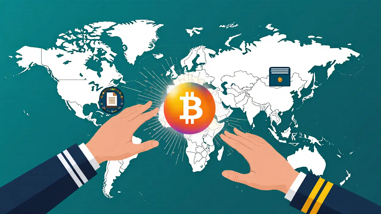 Vector scene showing a world map with linked US and Spain hands reaching toward a central Bitcoin.