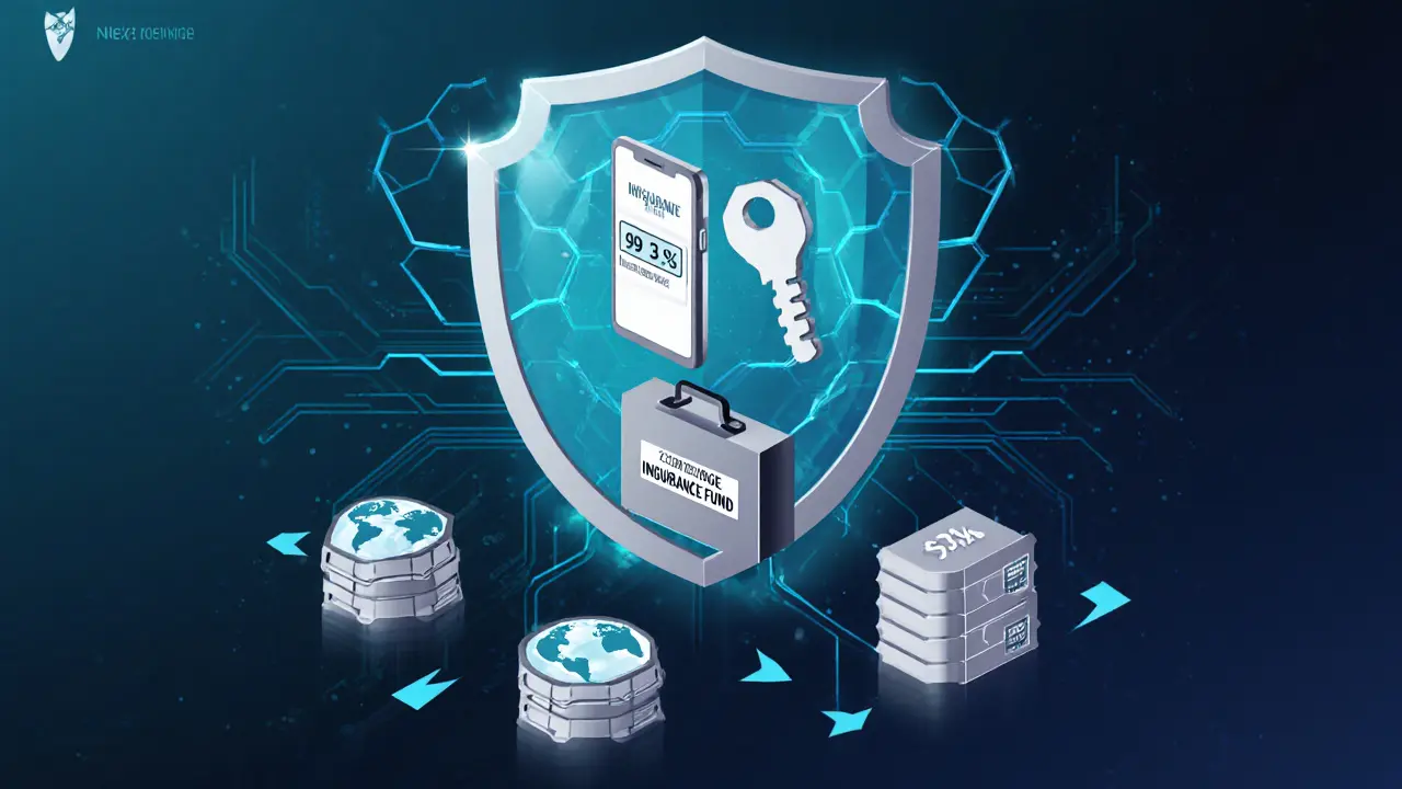 Vector shield illustrating NEXT.exchange security: 2FA key, insurance fund icon, and cold‑storage vaults.